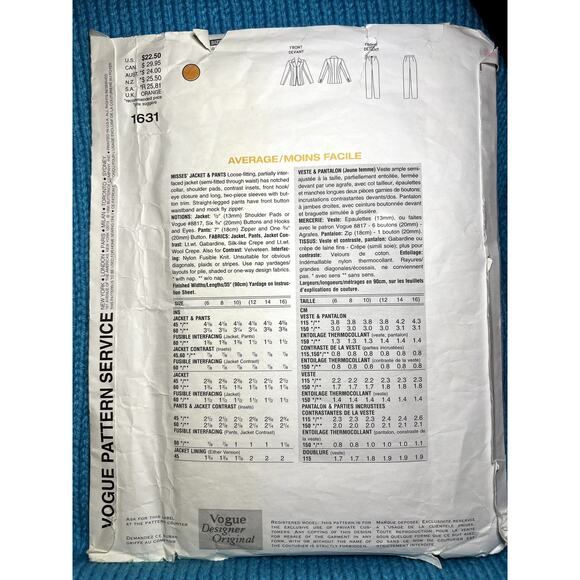 Vogue sewing pattern 1631 suit blazer pants size 12 14 - Picture 4 of 9
